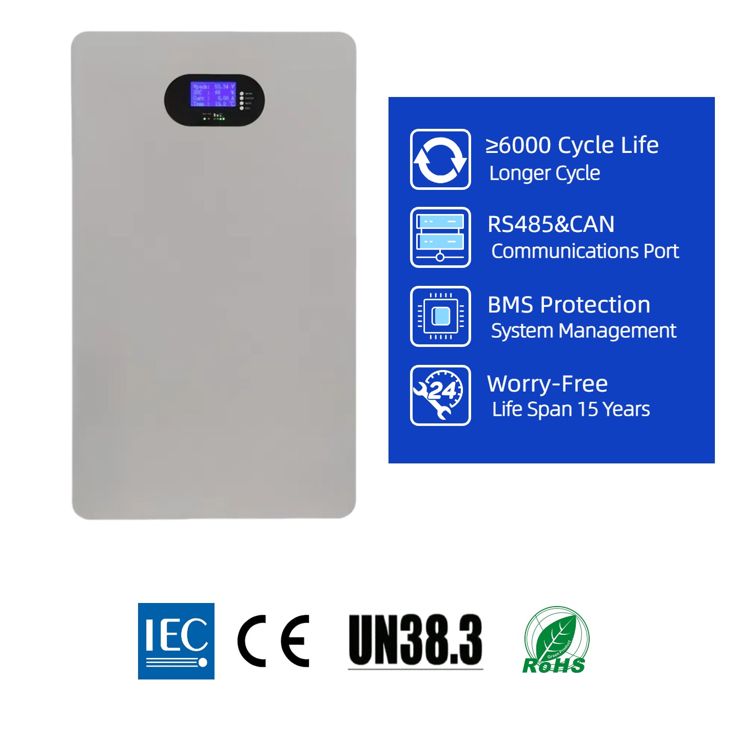 AINEGY 10 kWh wall-mounted LiFePO4 battery, front view