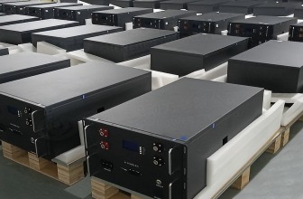 Low-voltage battery cabinets staged in warehouse