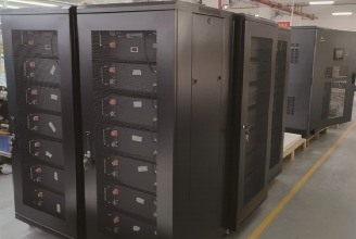 High-voltage cabinet row before shipment