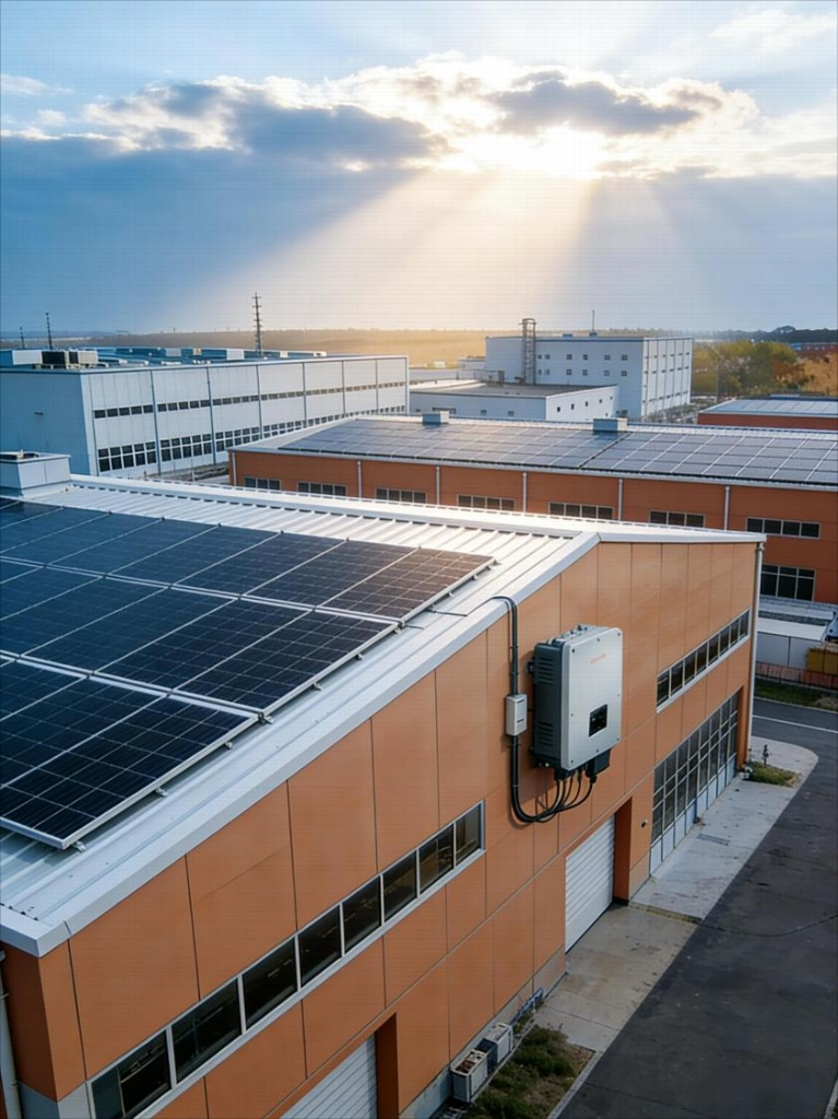 Industrial rooftop PV array with wall-mounted inverter