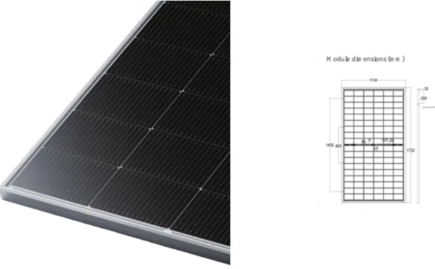 DT108HBG 430-450W 108-cell solar module and module outline from the supplied PDF
