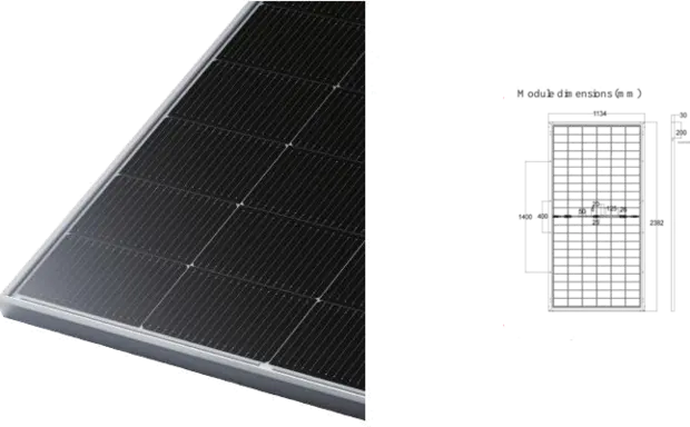 FT132HBG 605-630W 132-cell solar module and module outline from the supplied PDF