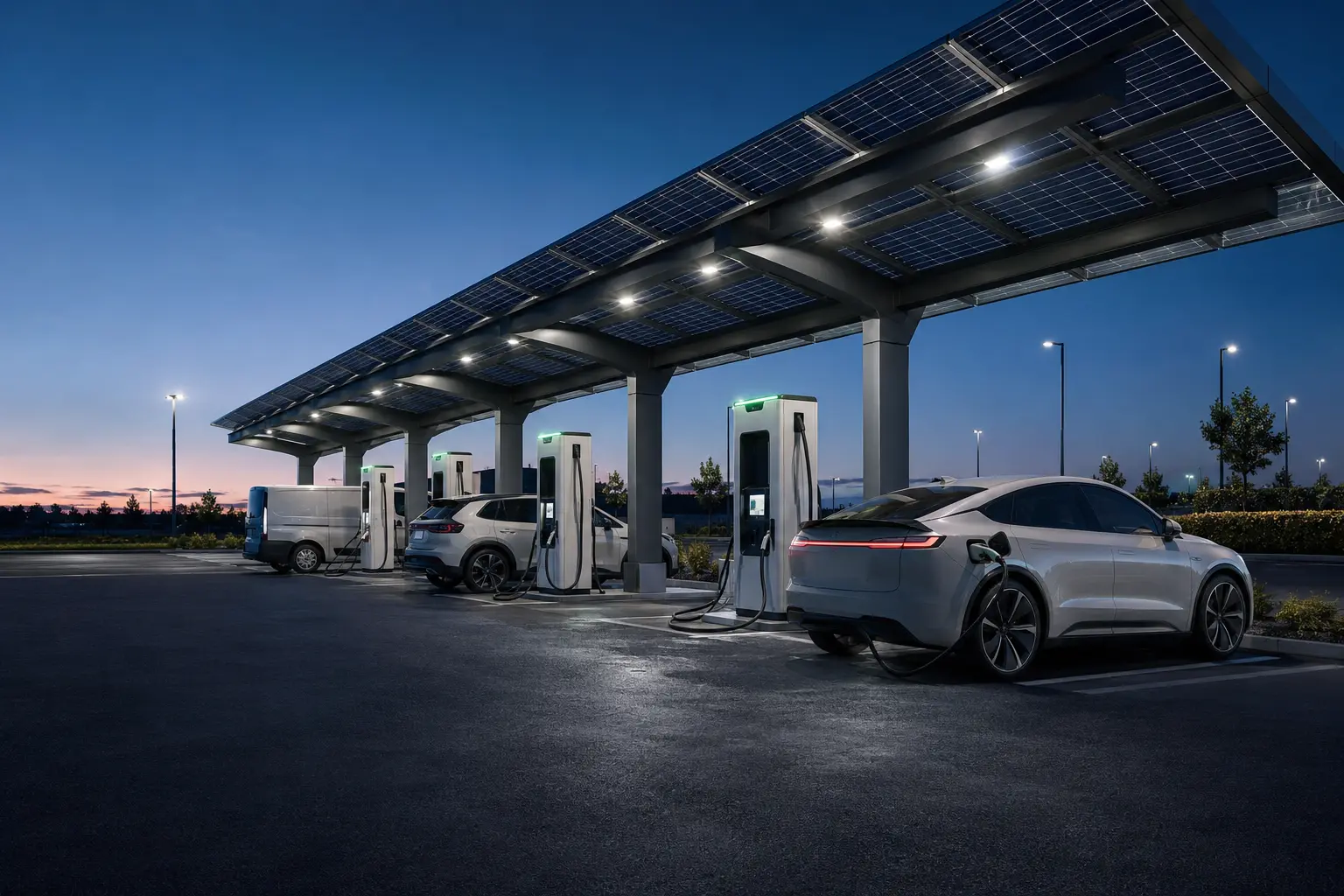Commercial DC EV charging hub under a solar canopy